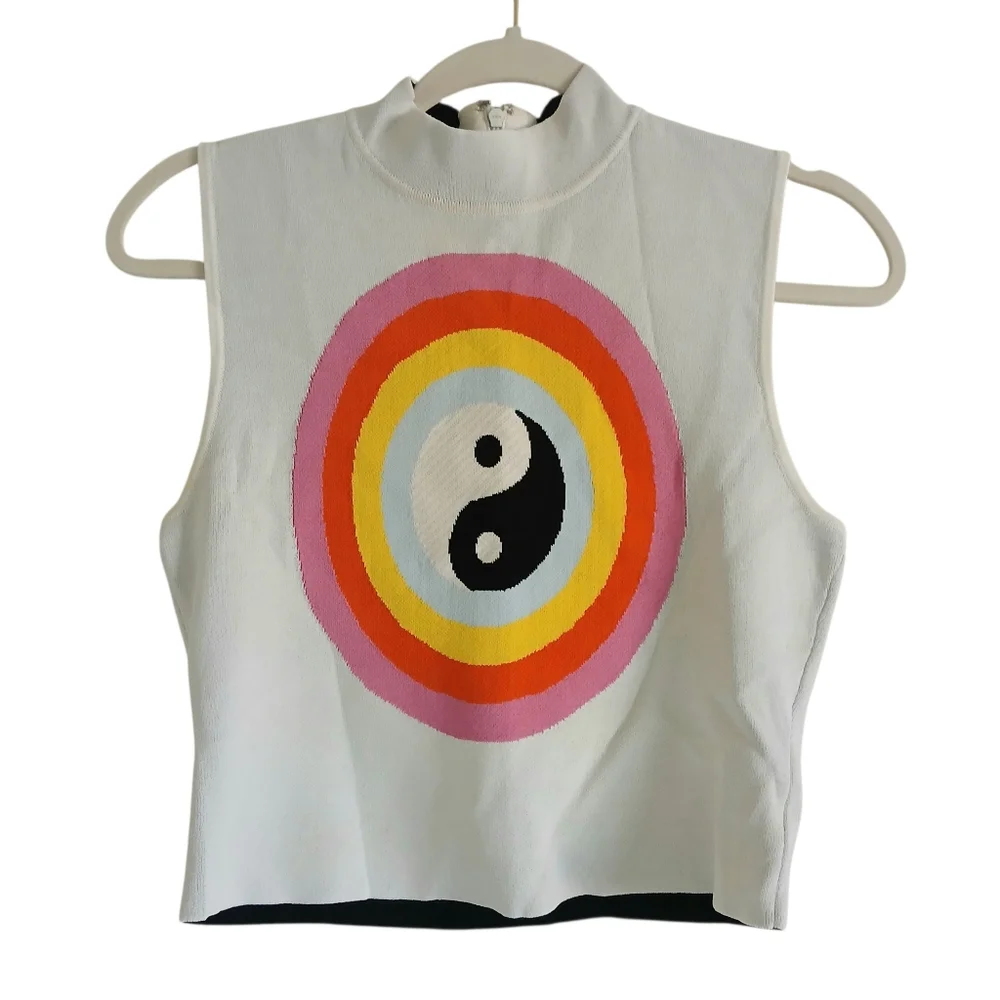 Staud Yin Yang Mock Neck Cropped Top Women's Medium Off White Thick Knit Zip - Picture 1 of 4